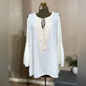 Alberto Makali Boho Ivory Crochet Tunic Top Bell Sleeve Blouse Resort Minimalist